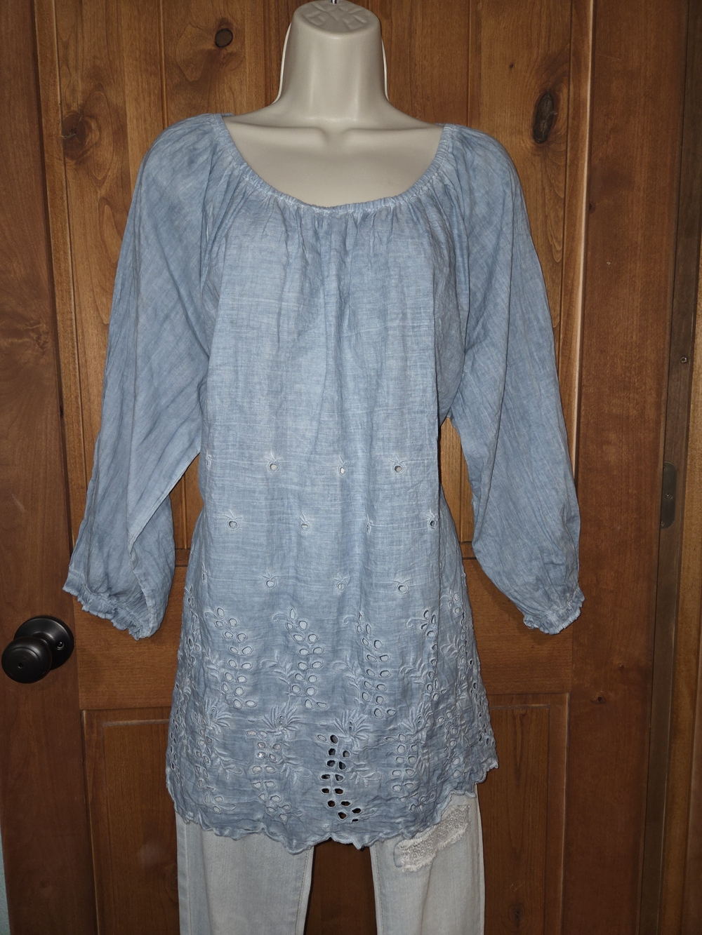 Light Blue‎ Eyelet Peasant Blouse for Women